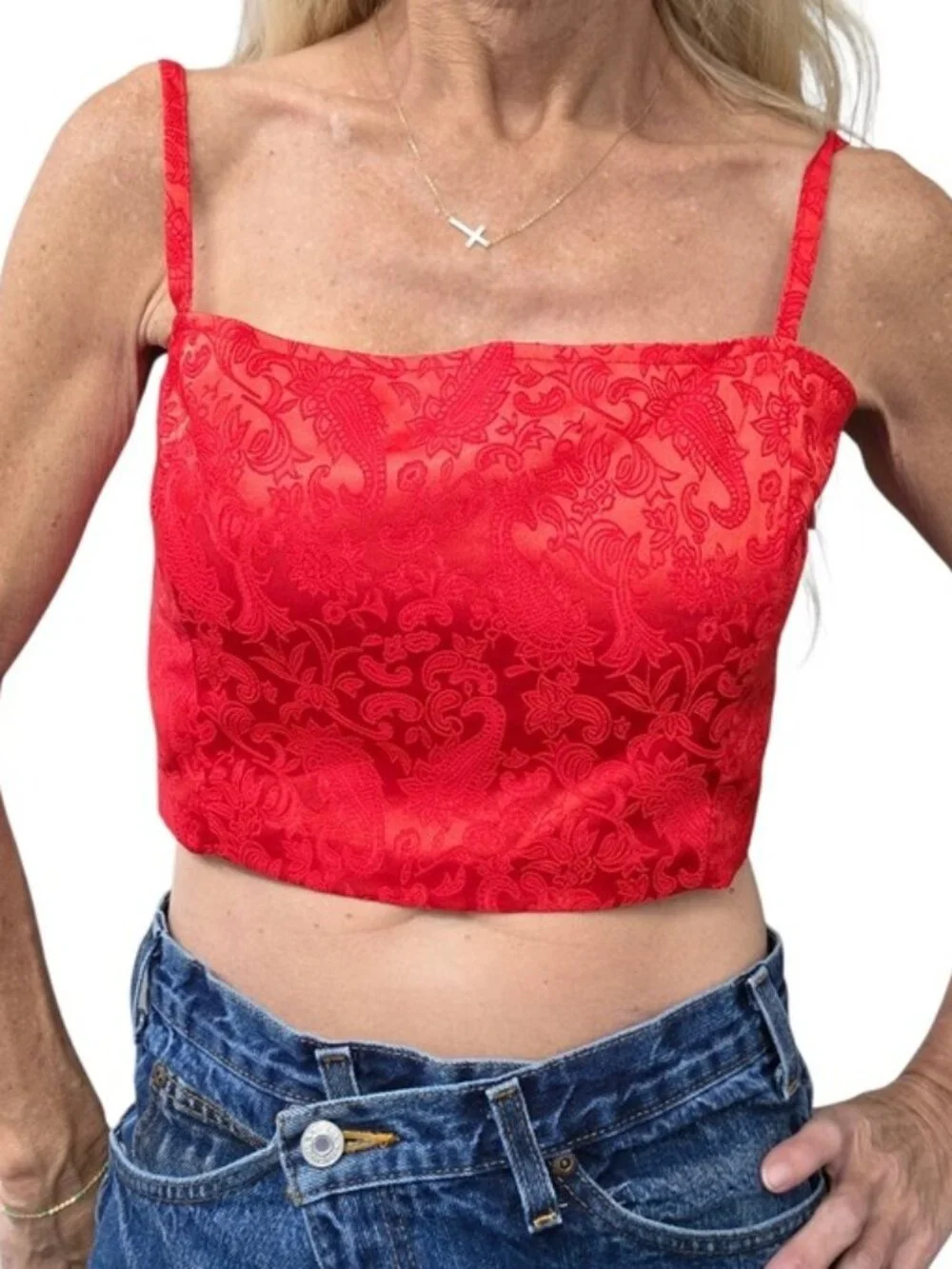 Sugar Thrillz Red Satin Corset Crop Top Lace Jacquard Bustier M - Picture 1 of 7